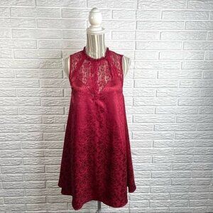 Lulu’s Burgundy Red Floral Lace and Satin Mini Dress with Sheer Neckline Size XS